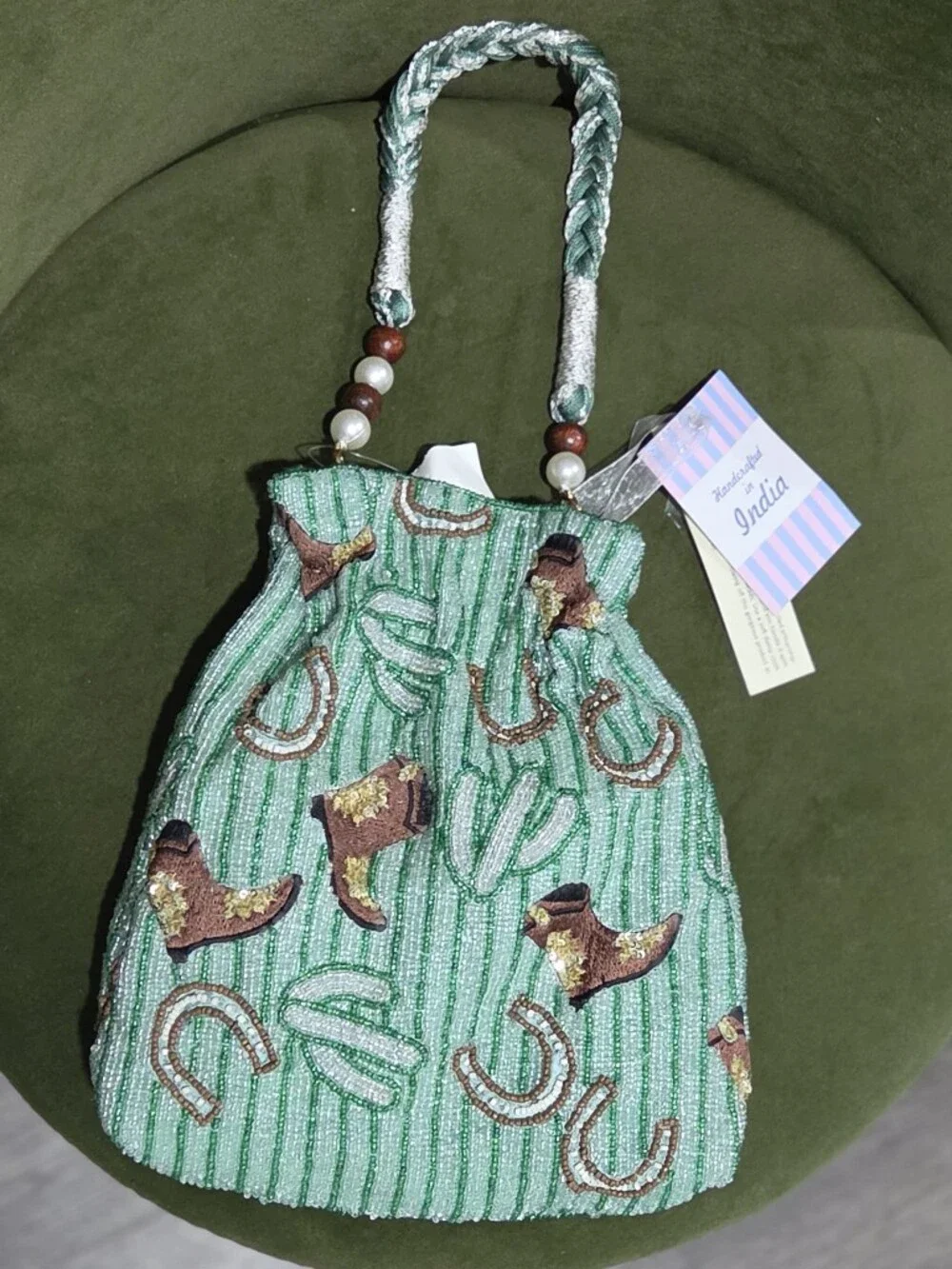 Beaded Drawstring Bag - Green Embroidered Western Motif
